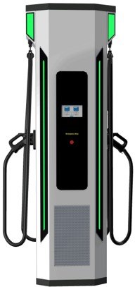 EVCL-360kW-2G ultra-fast DC charger dispenser — front view, cabinet with two liquid-cooled CCS2 cables flanking the dual LCD display