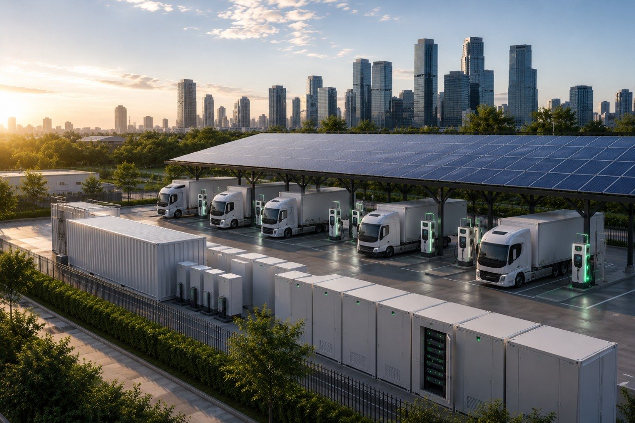 EVhubs depot at golden hour — row of electric commercial trucks at DC fast charging canopy with solar PV roof, battery storage units in foreground, Singapore-style city skyline in background