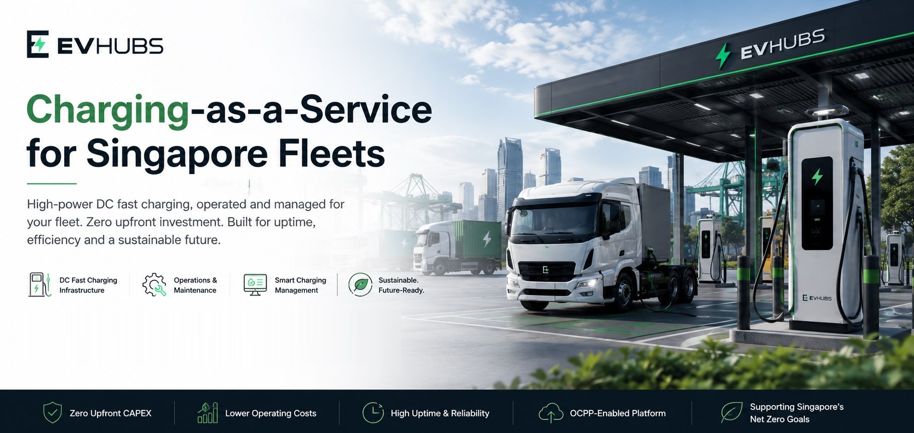 EVhubs DC fast charging canopy with a commercial EV truck at a Singapore industrial depot — visual representation of the heavy-vehicle electrification ecosystem