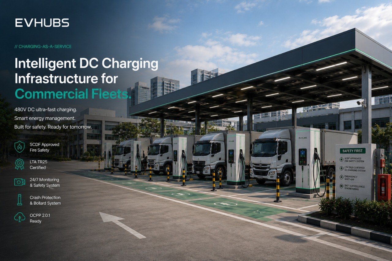 EVhubs DC fast charging depot with multiple commercial EV trucks at green charging canopy — Singapore HDB skyline backdrop, SCDF-approved fire safety panel visible