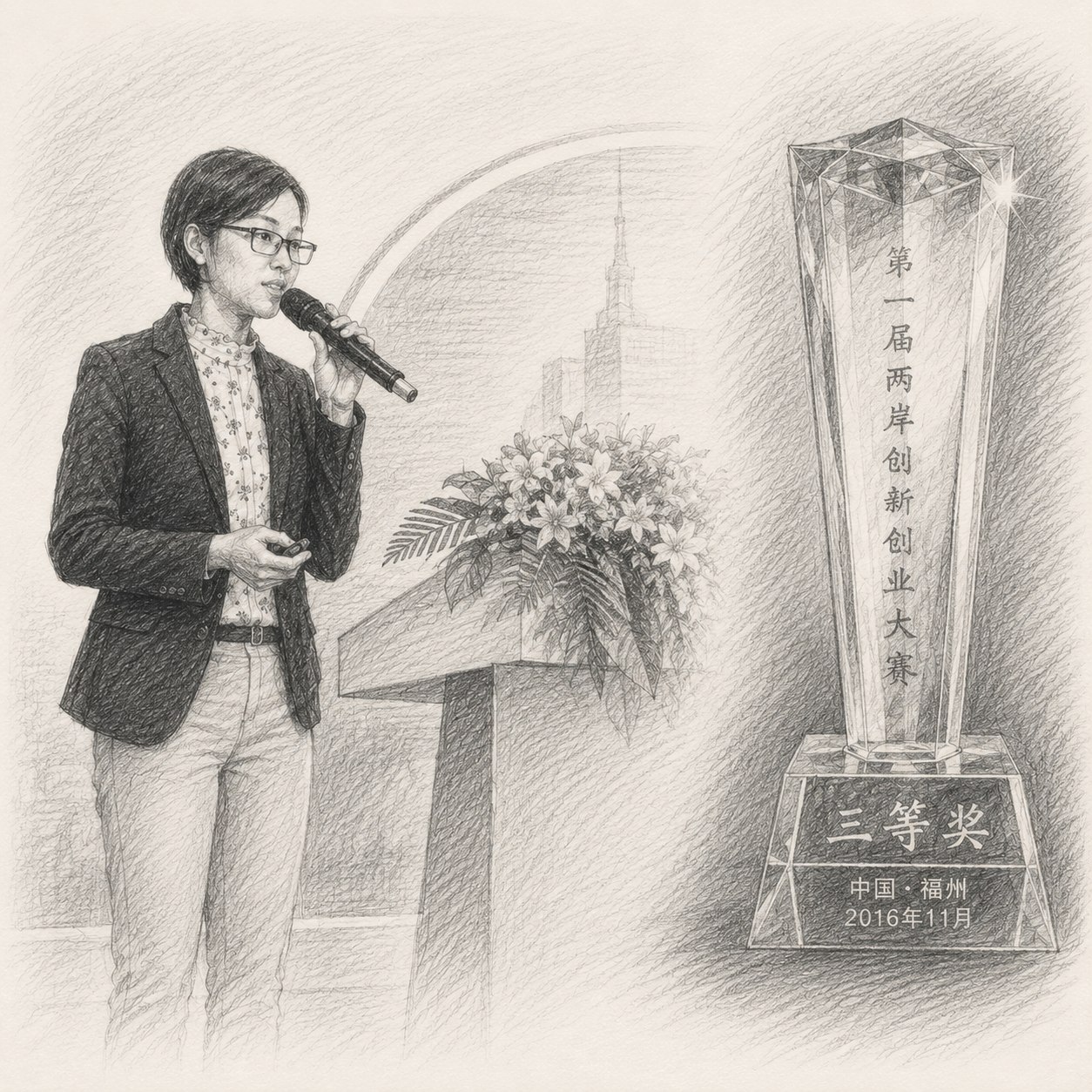 Mei Leng, founder of EVHUBS.sg, depicted in a pencil-sketch portrait giving a speech at a podium, with her 2016 Cross-Strait Innovation & Entrepreneurship Competition award (3rd Prize, Fuzhou) visible alongside