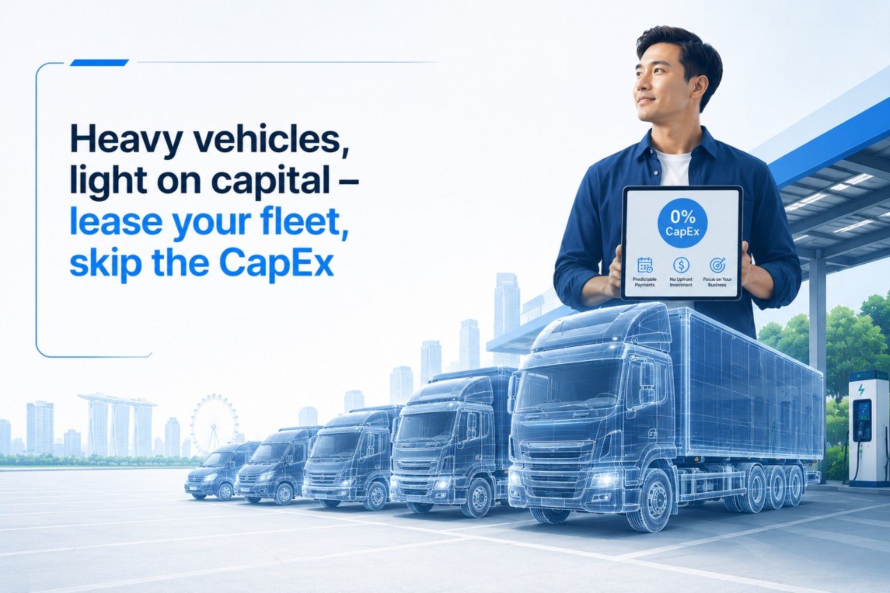 EVhubs commercial fleet leasing — heavy vehicles light on capital. Fleet of electric commercial vehicles in blueprint visualization against Singapore skyline, with a business advisor showing 0% CapEx tablet.